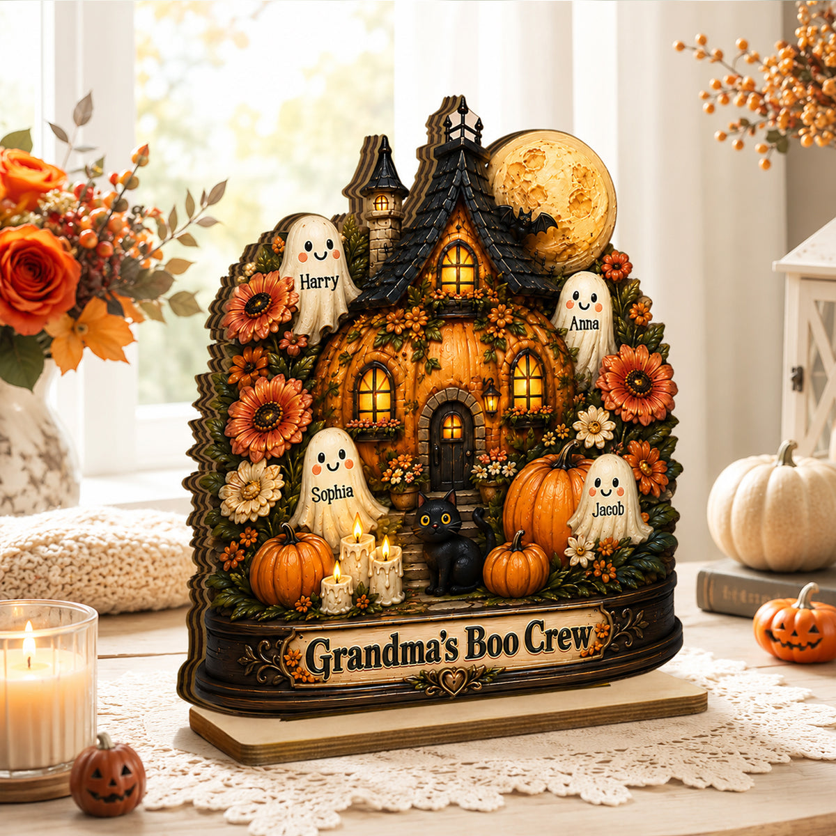 Pumpkin House Grandma's Boo Crew - Personalized 2-Layered Wooden Plaque - Halloween Decor Gift, Gift For Grandma
