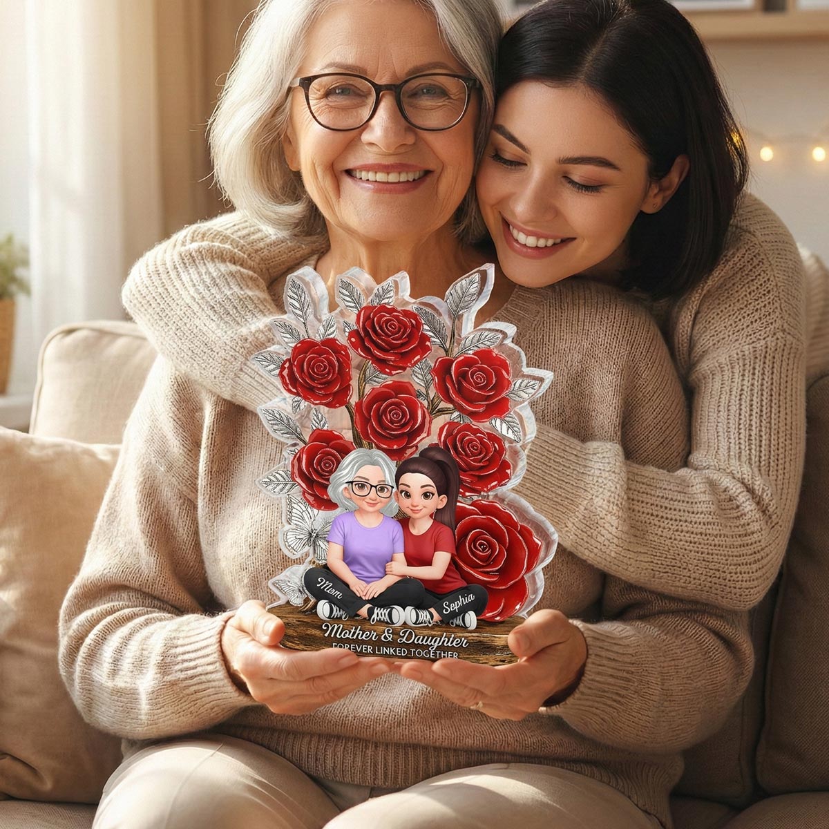 Mom And Daughter Forever Love Rose Tree - Personalized Acrylic Block Plaque - Gift For Mom