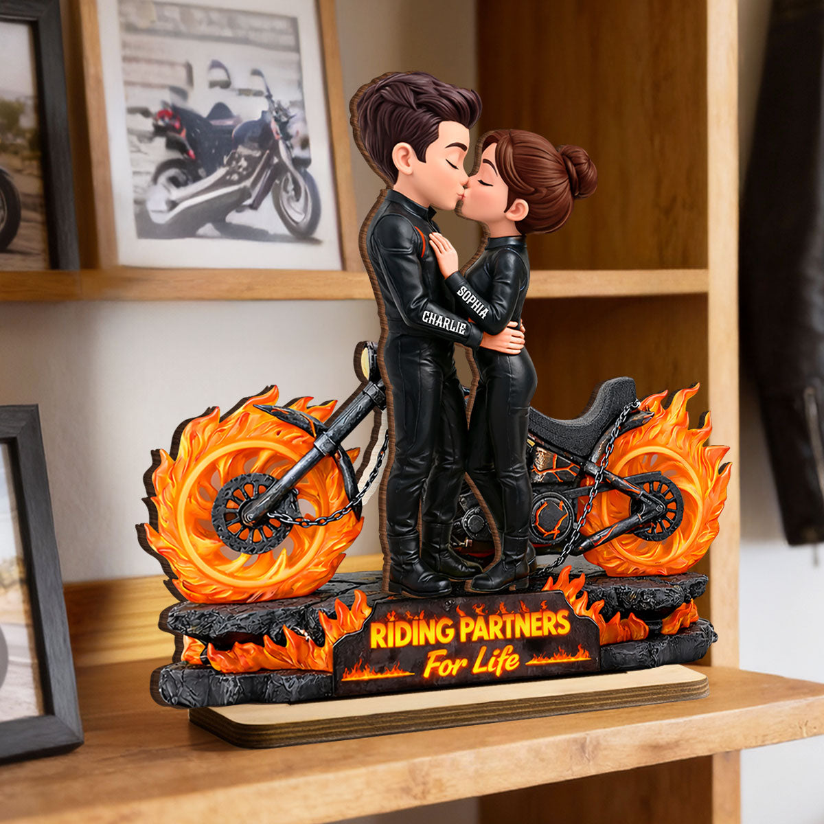 Biker Couple Fire - Personalized 2-Layered Wooden Plaque - Sentimental Gift for Her, for Him