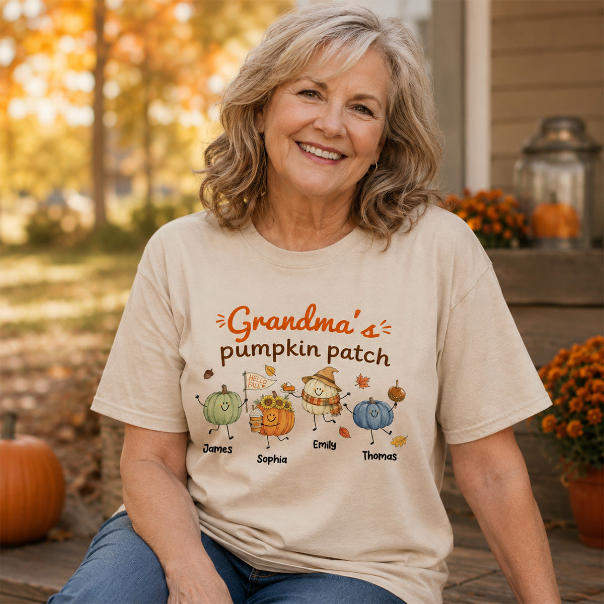 Grandma's Pumpkin Patch Cute Characters - Personalized Shirt - Fall Season Shirt For Grandma, Mom