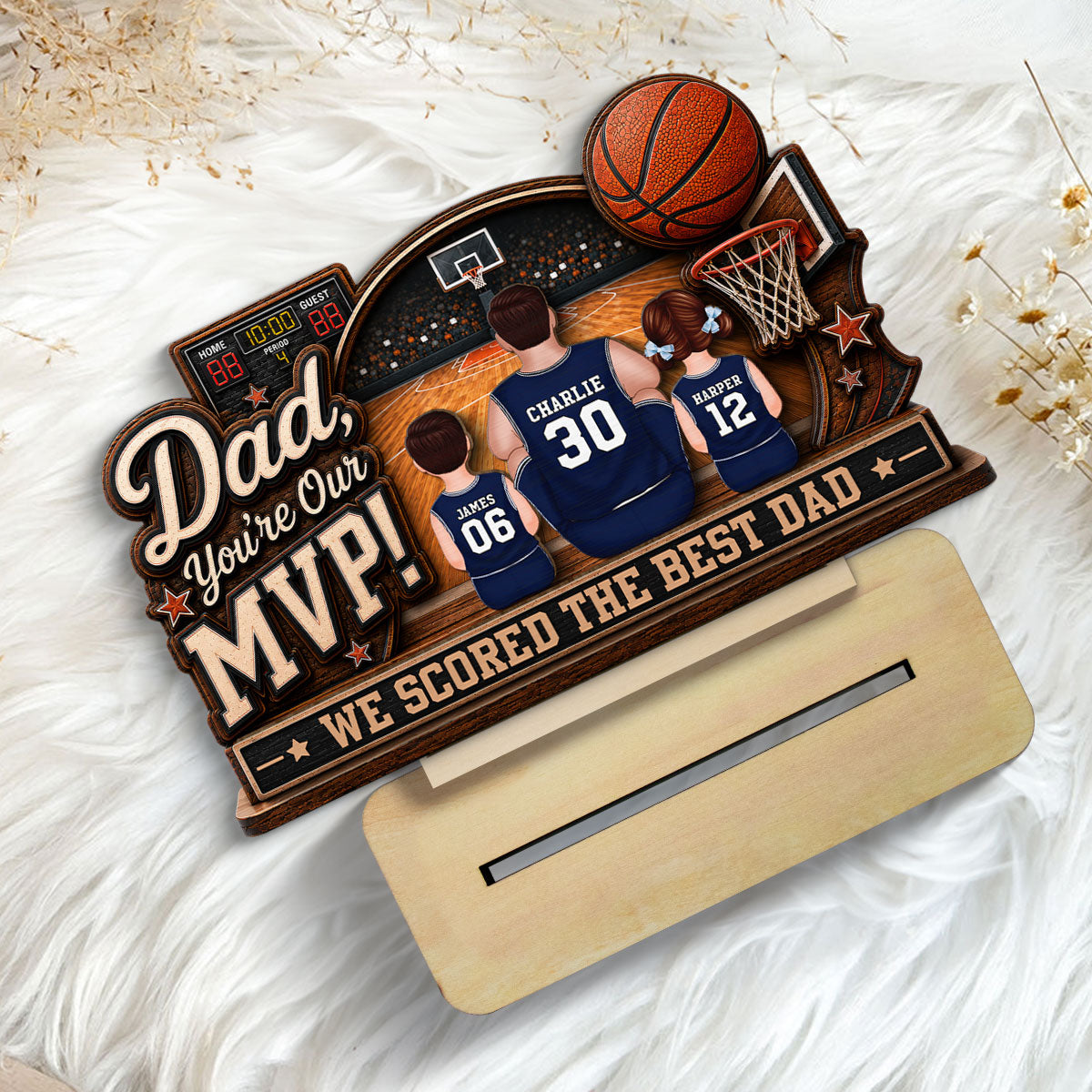 Dad You Are Our MVP Sitting Basketball Man & Kids 2D Flat - Personalized 2-Layered Wooden Plaque -  Gift For Basketball Dad