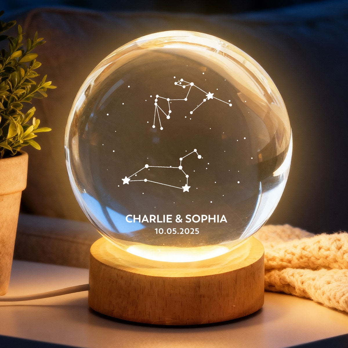 Couple Zodiac Constellation Astrology Star Sign Art - Personalized Crystal Ball LED Night Light - Gift For Couple