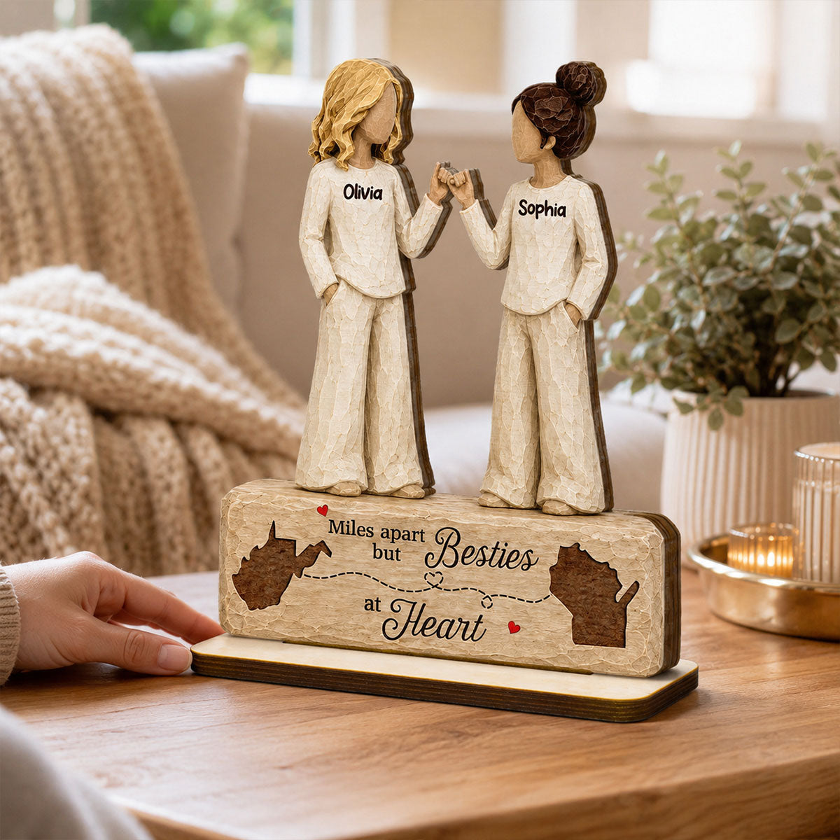 Pinky Promise Miles Apart Besties At Heart 2D Flat - Personalized 2-Layered Wooden Plaque - Birthday Gift, Long Distance Friendship Gift for Best Friends