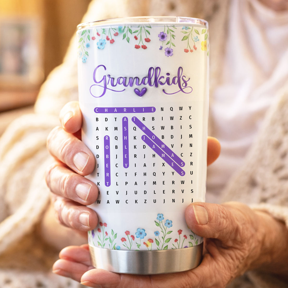 Grandma Grandkids Names Word Search Puzzle - Personalized Tumbler - Mother's Day Gift for Grandma, Mom