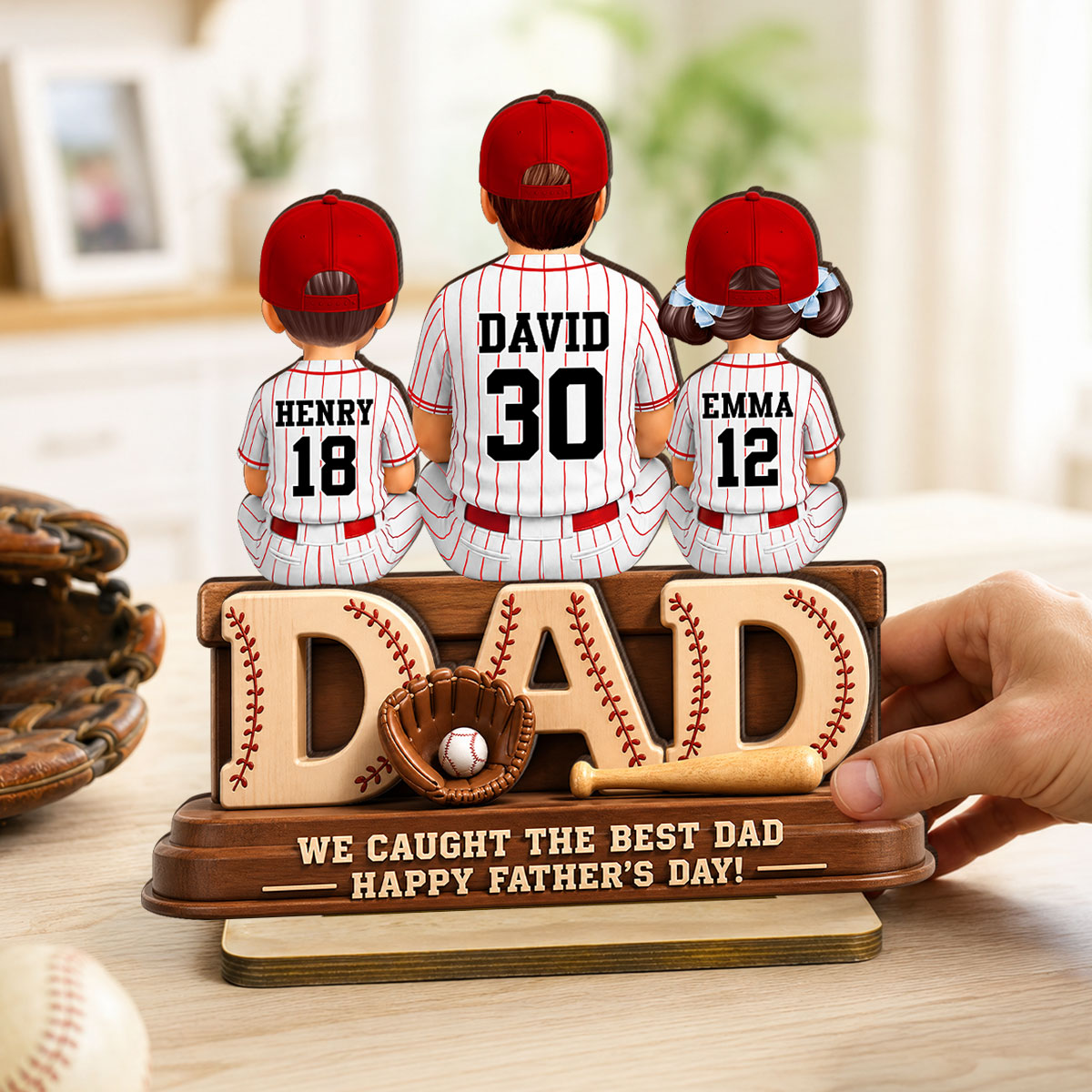We Caught the Best Baseball Dad, Dad & Kids Back View - Personalized 2-Layered Wooden Plaque -  Gift for Dad, Husband