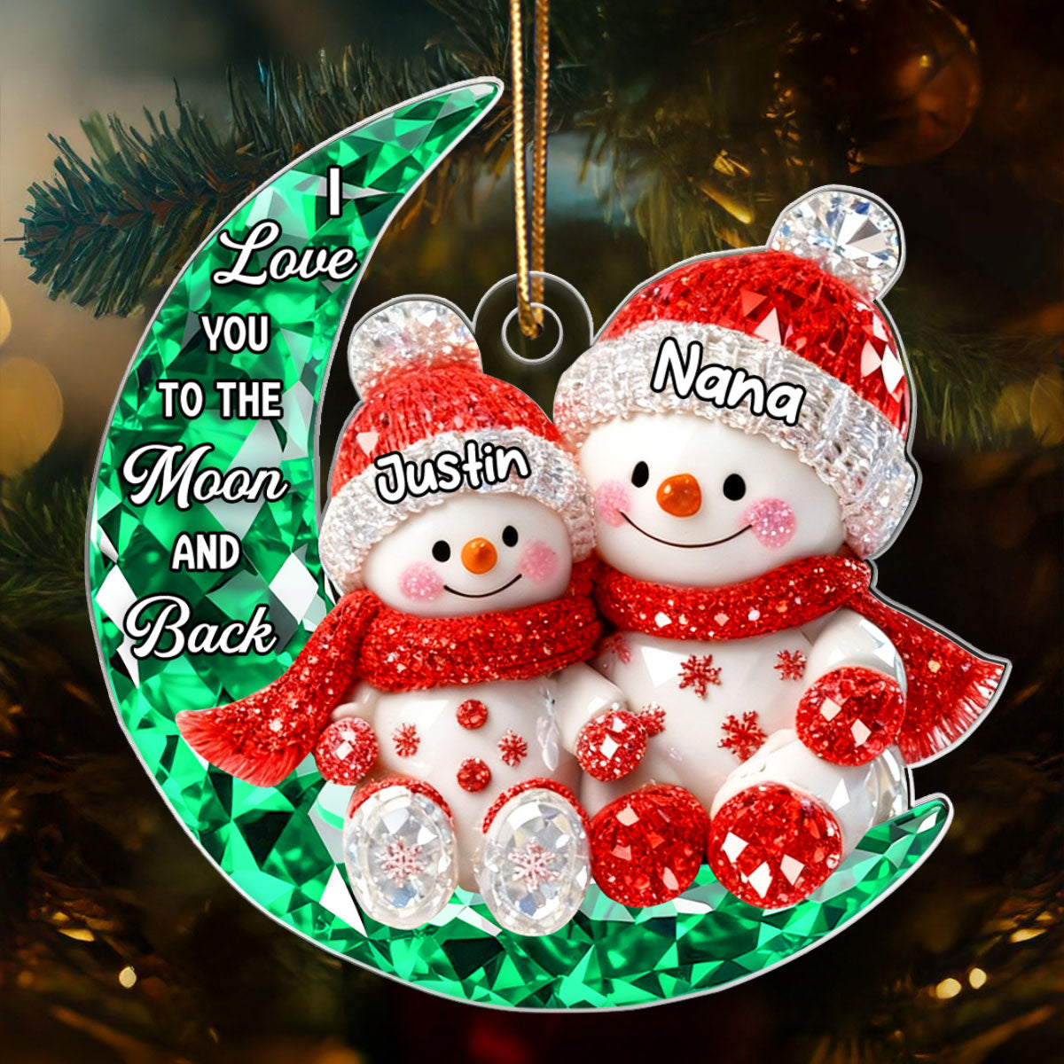3D Crystal Effect Snowman Grandma Grandkid on Moon - Personalized Acrylic Ornament - Christmas Gift for Grandma, Grandkids