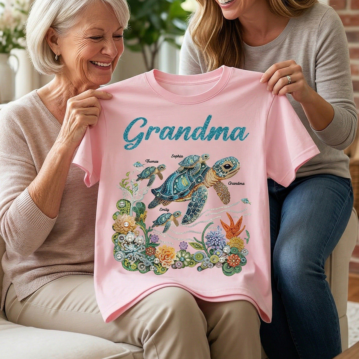 Mom Grandma Sea Turtle Rhinestones Style 2D Printed - Personalized Shirt - Mother's Day Gift For Mom Grandma