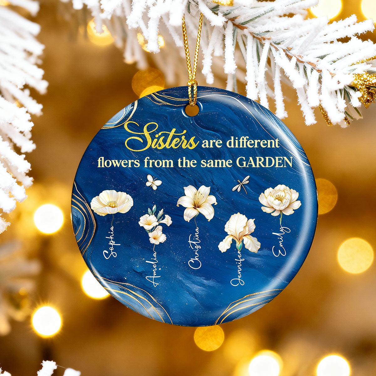 3D Effect Birth Flowers Sisters From The Same Garden - Personalized Ceramic Ornament - Christmas Gift For Sisters