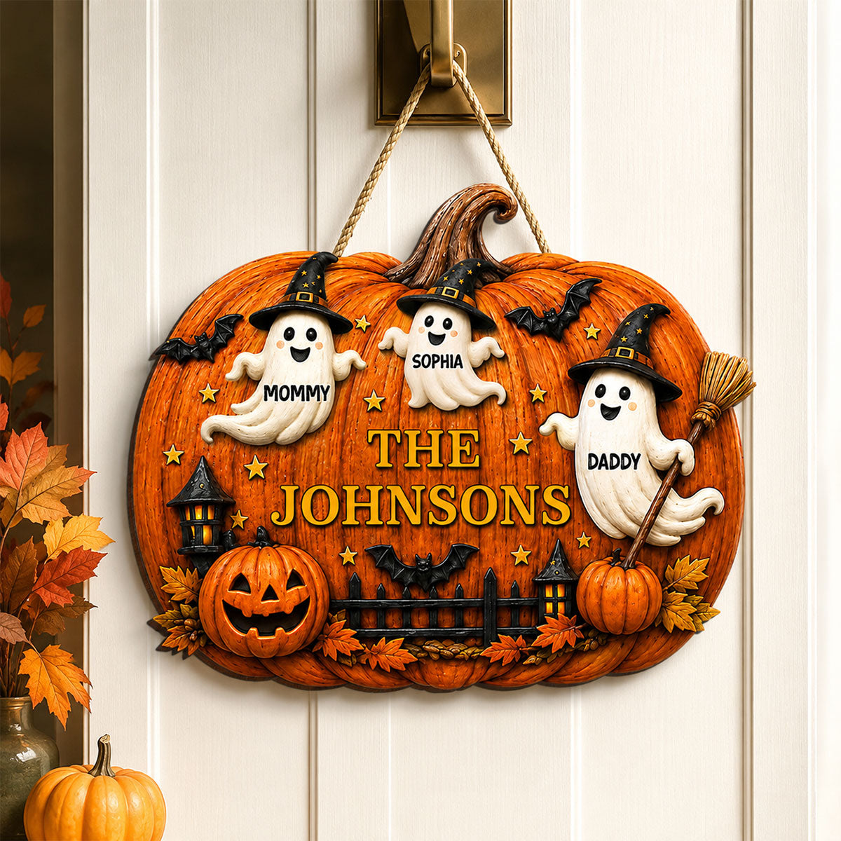Halloween Family Ghost Pumpkin - Personalized Wood Sign - Halloween Decor Gift, Gift For Family