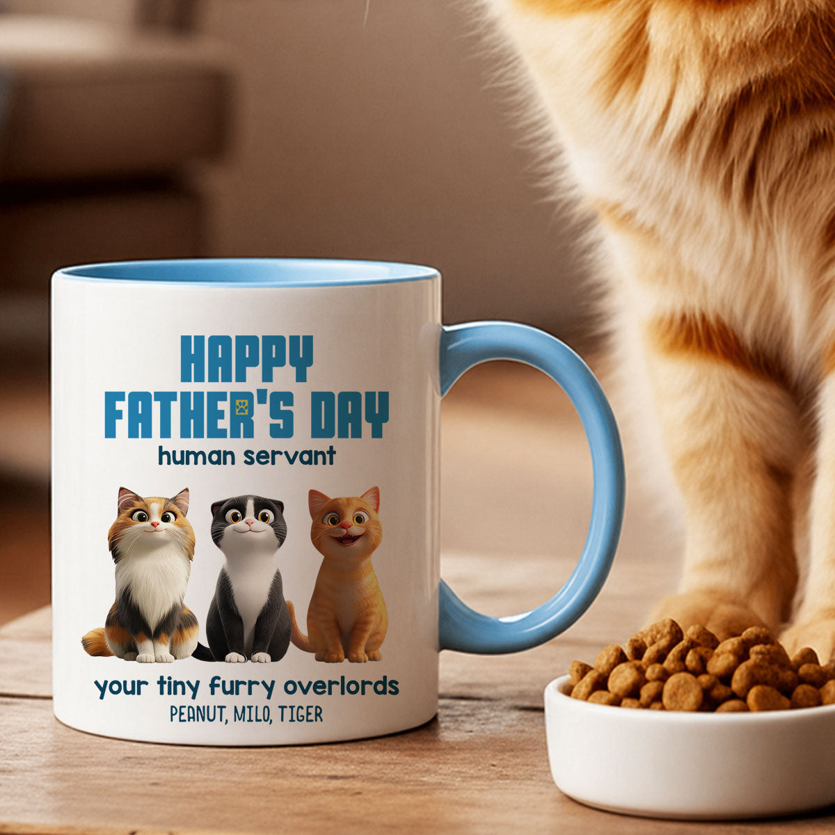 Happy Father's Day Human Servant Cute Fluffy Cats - Personalized Mug - Unique Gift for Cat Dads, Husband