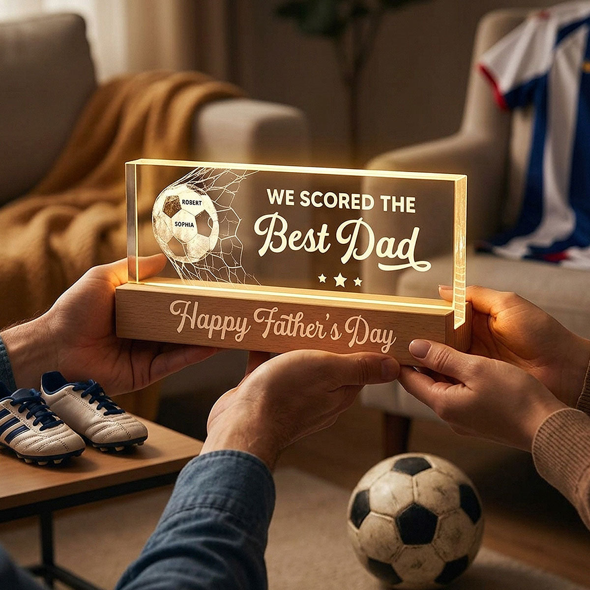 We Scored The Best Dad Mom - Personalized Acrylic Block LED Night Light - Father's Day Gift For Soccer Dad