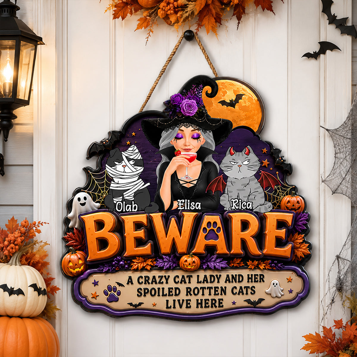 A Crazy Cat Lady And Her Spoiled Rotten Cats Live Here - Personalized Wood Sign - Halloween Decor Gift, Gift For Cat Lovers