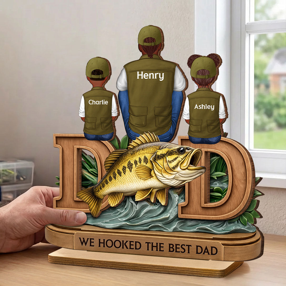 Fishing Dad And Kids Sitting Together - Personalized 2-Layered Wooden Plaque - Heartfelt Gift For Dad, Gift For Husband