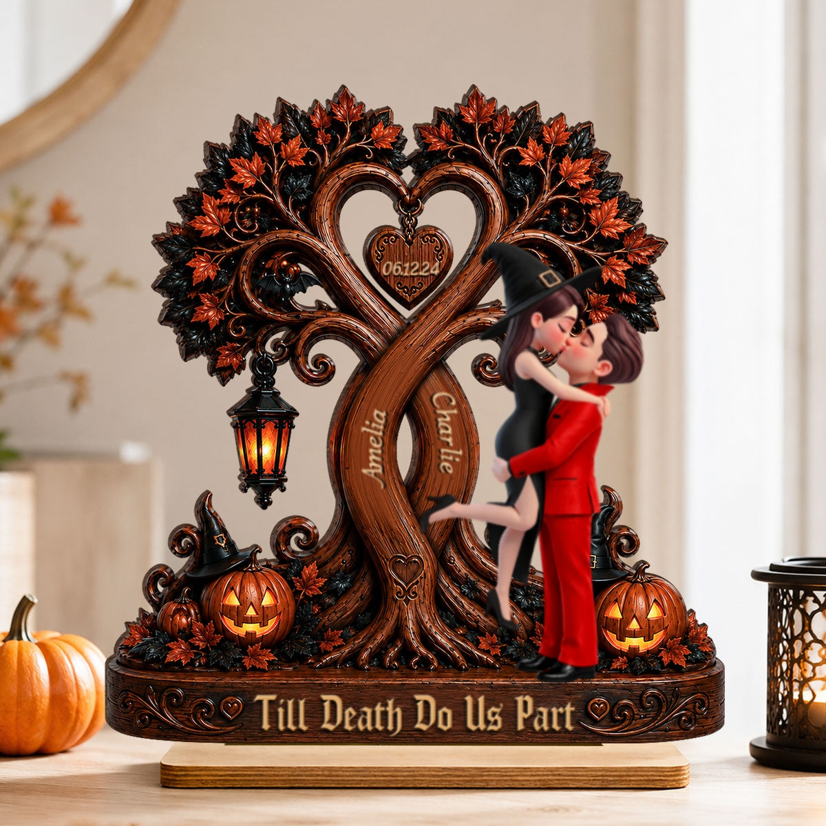 Couple Kissing Under Halloween Tree - Personalized 2-Layered Wooden Plaque - Halloween Decor for Her, for Him