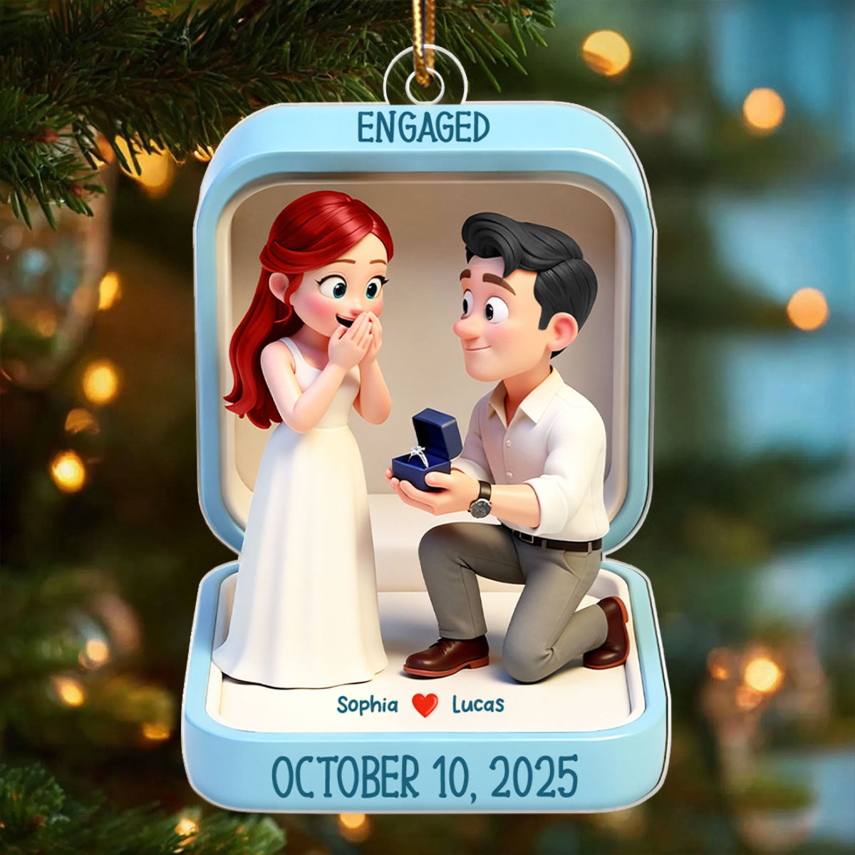 Cute Cartoon Couple 1st Christmas Engaged - Personalized Acrylic Ornament - Proposal Keepsake