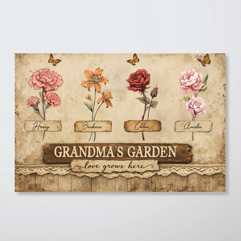 Retro Vintage Lace Pattern Grandma's Garden Birth Month Flowers - Personalized Poster - Mother's Day Gift For Grandma, Mom