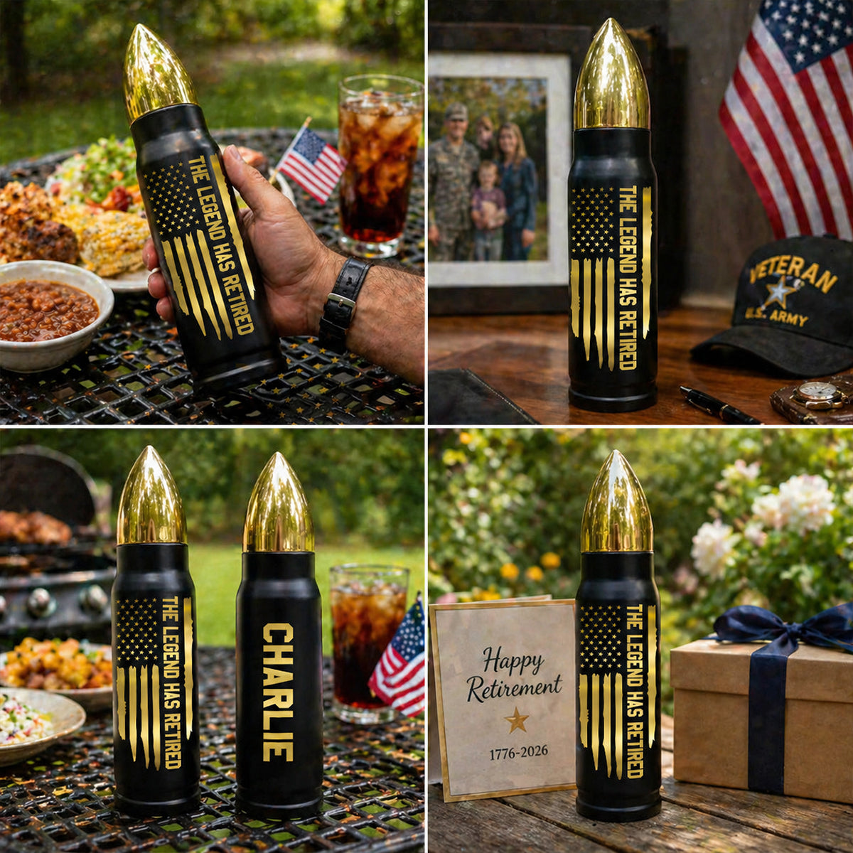 The Legend Has Retired Custom Name - Personalized Bullet Tumbler - United States 250th Anniversary Keepsake For Veterans, Retirement Gifts Patriotic