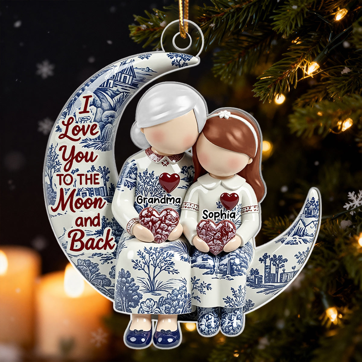 Grandma Grandkids on Moon Toile de Jouy Pattern - Personalized Acrylic Ornament - Sentimental Gift for Grandma