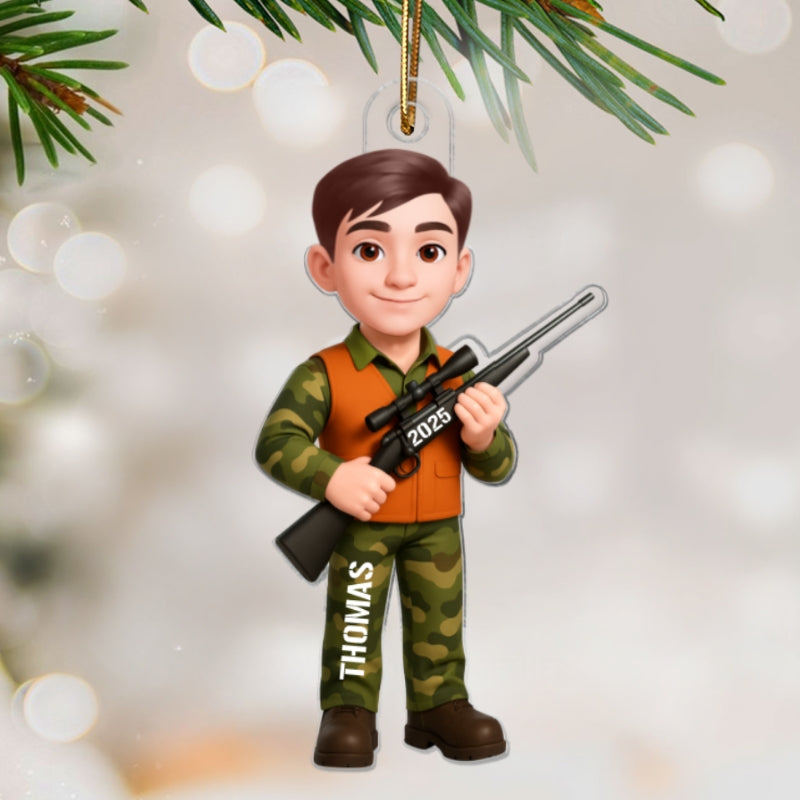 Christmas Boy Girl Hunting - Personalized Acrylic Ornament - Gift For Hunters, Hunting Lovers, Shooting Team, Grandson, Granddaughter