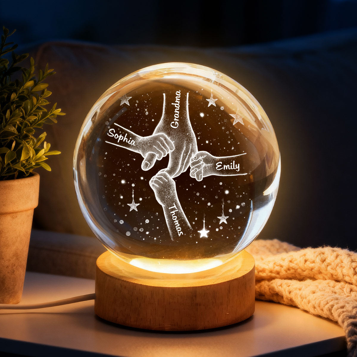 Mom Grandma Kids Holding Hands - Personalized Crystal Ball LED Night Light - Sentimental Mother's Day Gift for Mom, Grandma, Wife
