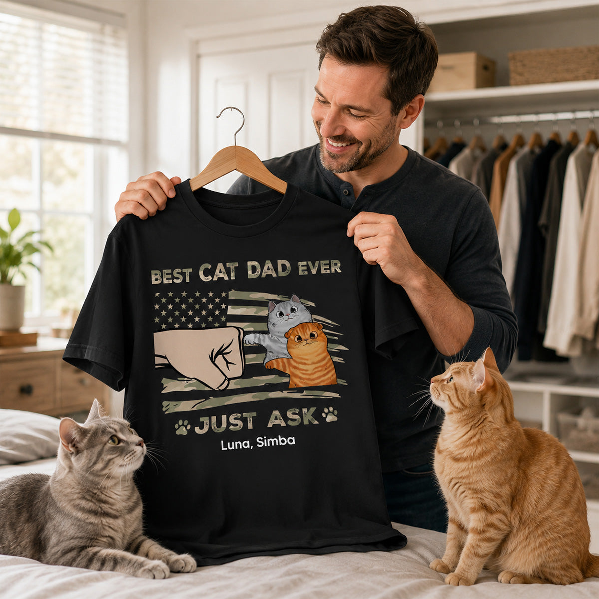 Best Cat Dad Ever Nation Flag - Personalized Shirt - Father's Day Gift For Cat Dad, Patriotic 4th Of July Gift, USA 250th Anniversary