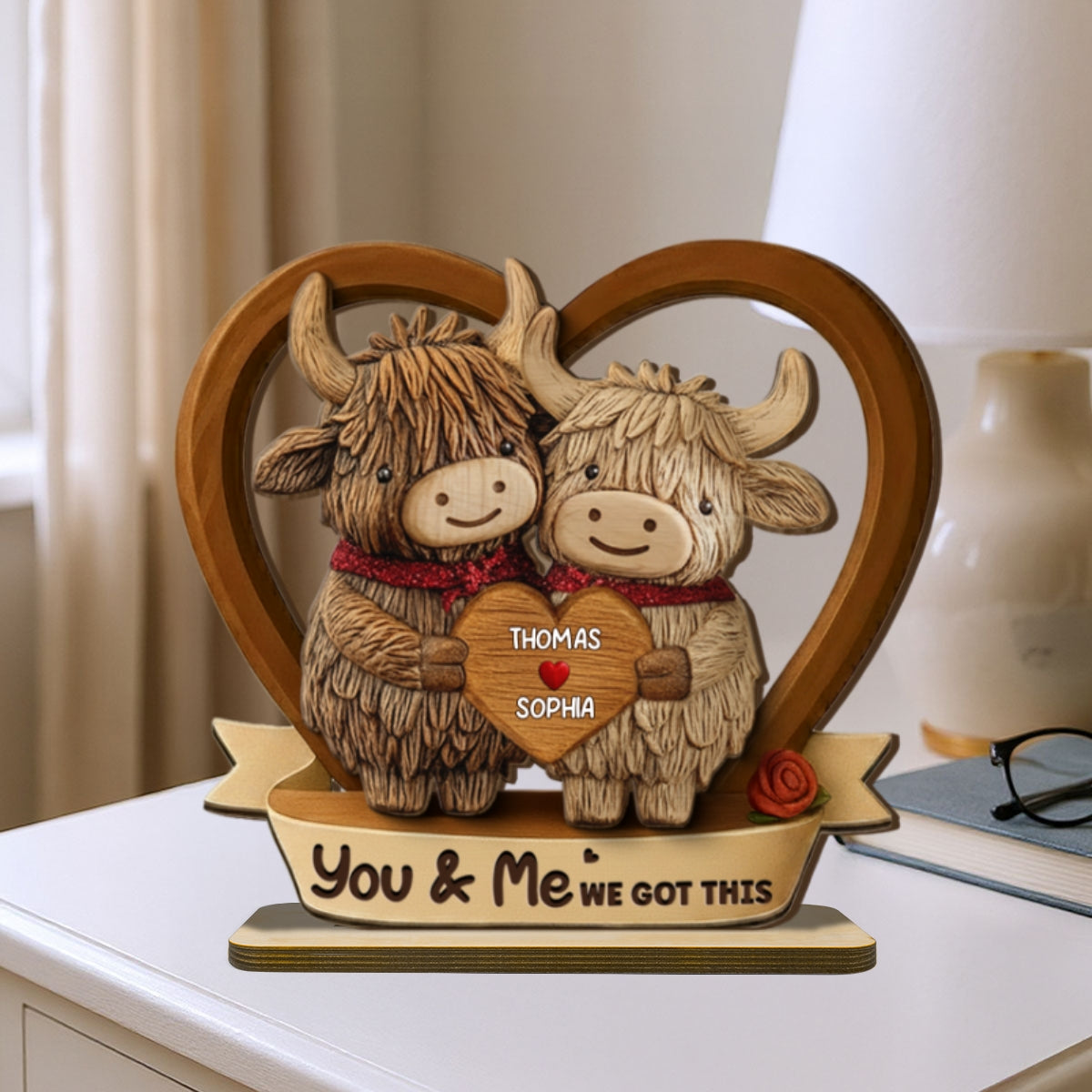 3D Effect Highland Cows Couple Heart - Personalized 2-Layered Wooden Plaque - Perfect Valentine's Day Gift For Him, Gift For Her