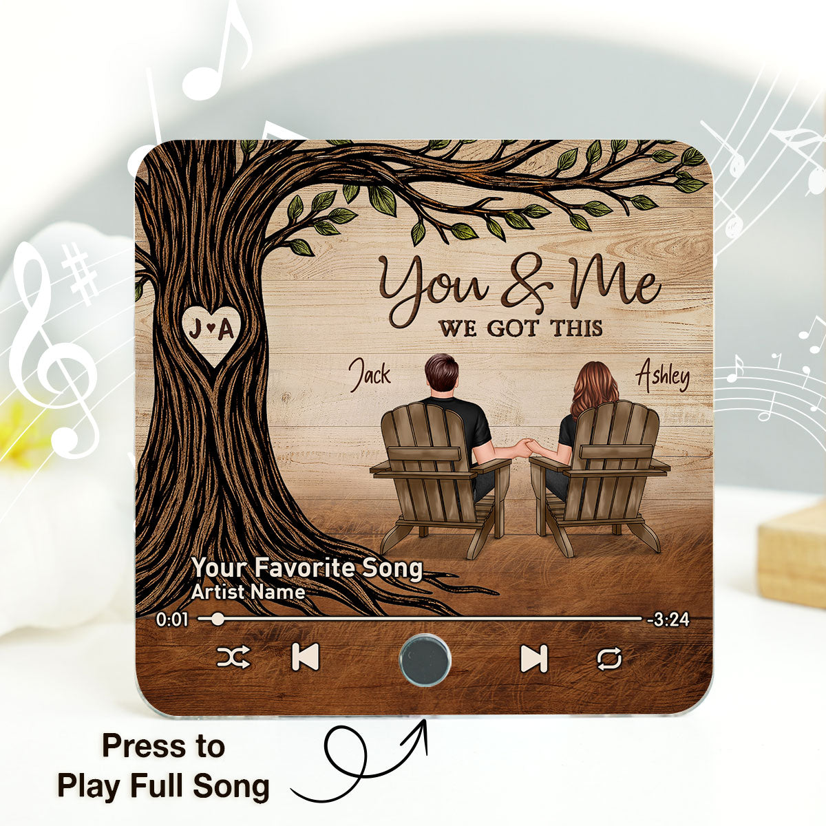 Couple Sitting Under Heart Carved Tree - Personalized Music Fridge Magnet - Valentine's Day Gift For Couple