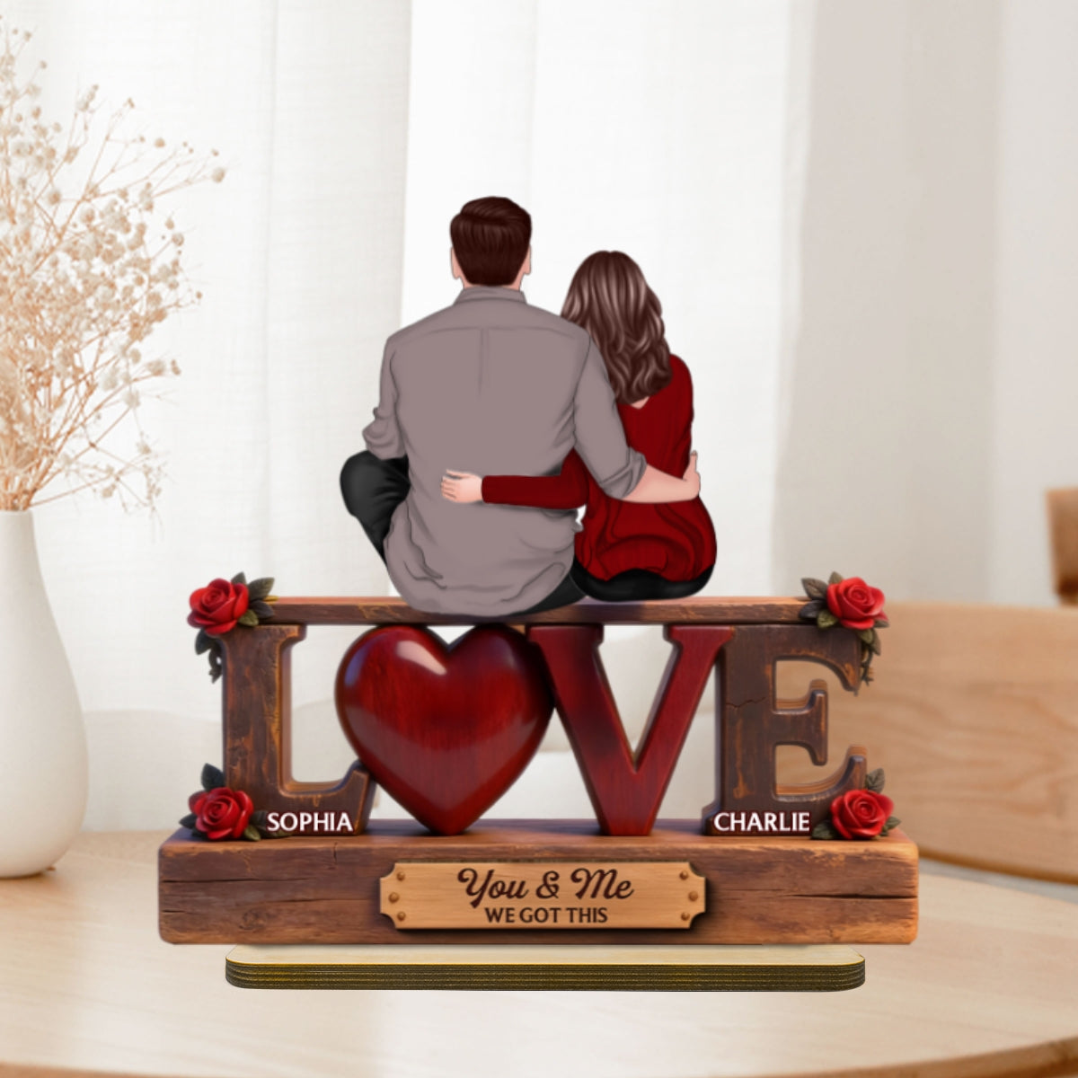 Roses LOVE Back View Couple Sitting Embracing - Personalized 2-Layered Wooden Plaque - Valentine's Day Gift For Couple, For Him, For Her