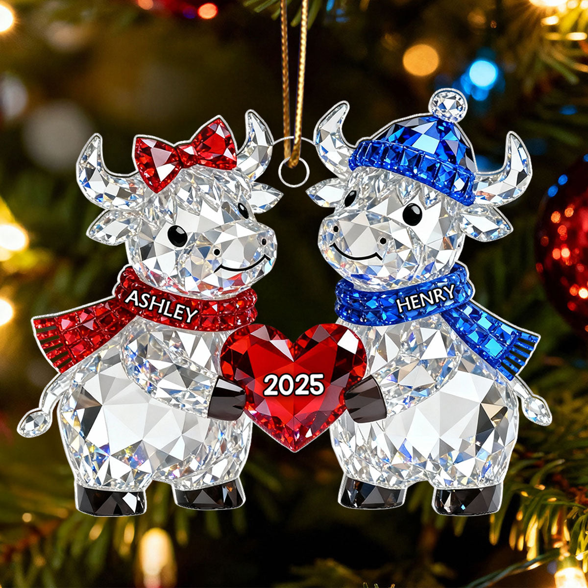 3D Crystal Effect Christmas Highland Cow Couple - Personalized Acrylic Ornament - Heartwarming Christmas Gift for Couple