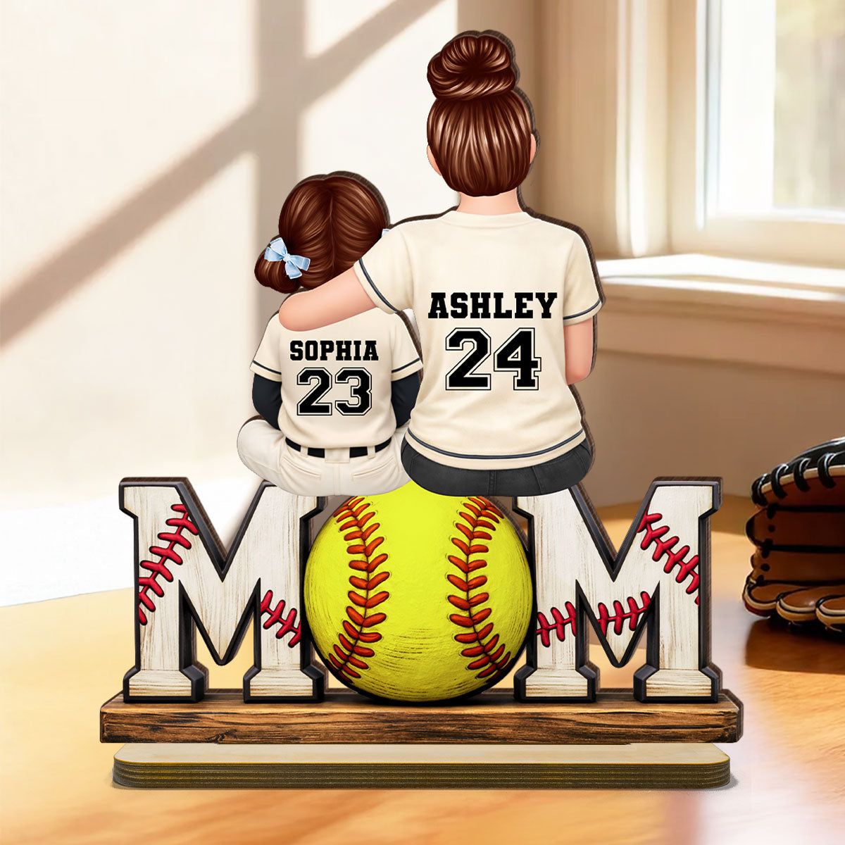Baseball Mom and Kids Sitting Back View - Personalized 2-Layered Wooden Plaque - Heartfelt Gift for Mom