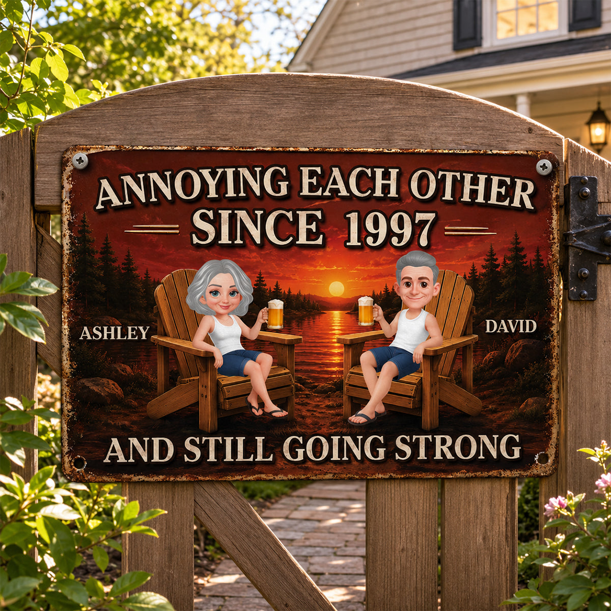 Couple Annoying Each Other Sunset Lake View - Personalized Metal Sign - Anniversary Gift For Couple