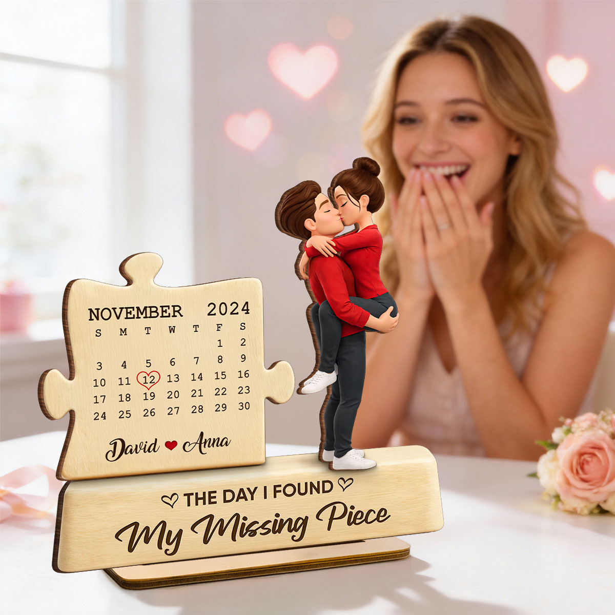 The Missing Piece Couple Kissing - Personalized 2-Layered Wooden Plaque - Anniversary, Valentine's Day Gift, Gift For Him, Gift For Her