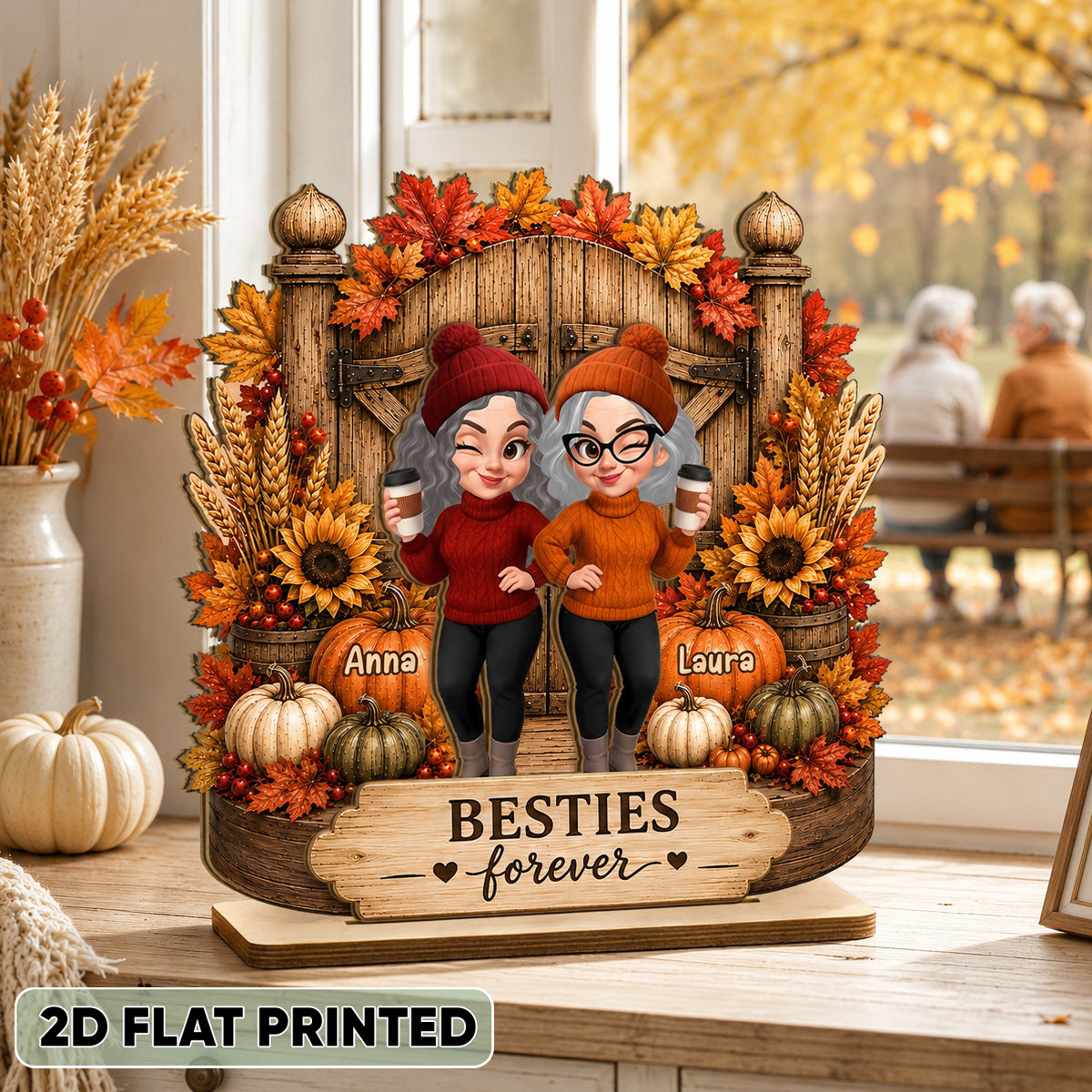 Besties Forever Fall Decor - Personalized 2-Layered Wooden Plaque - Cozy Fall Gift for Best Friends