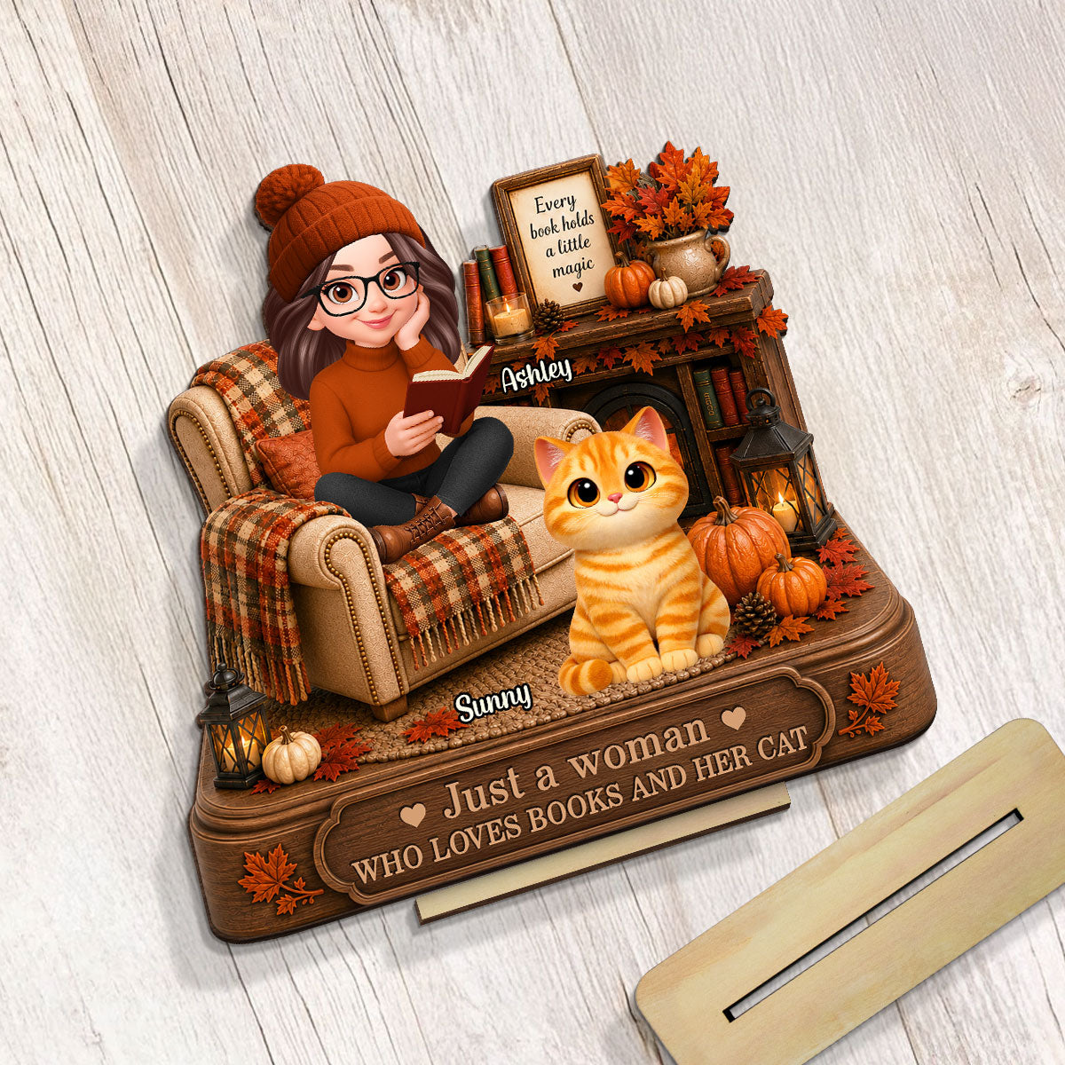 Fall Season Just A Woman Who Loves Books And Cats - Personalized 2-Layered Wooden Plaque - Fall Gift For Book Lovers