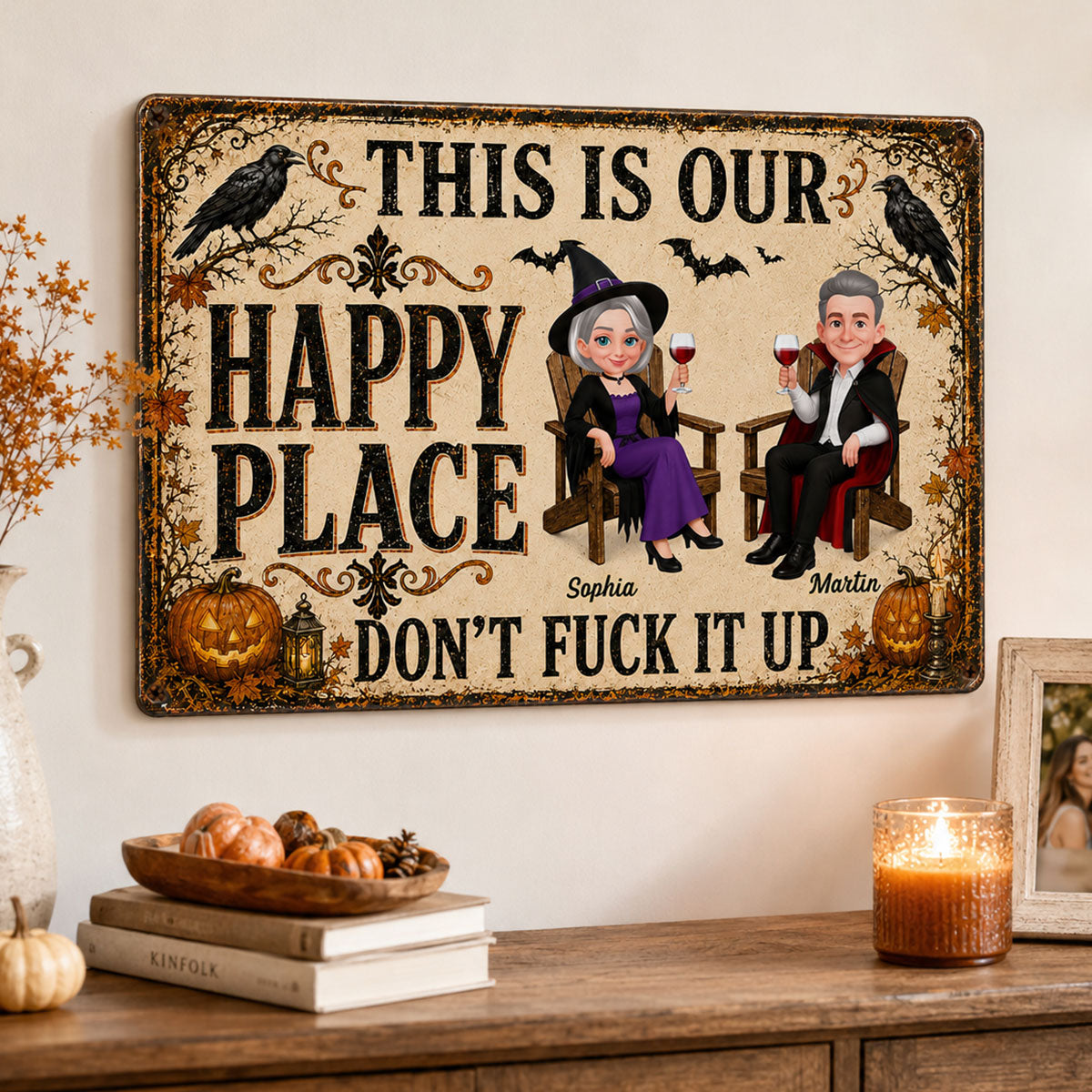 Happy Place Halloween Couple - Personalized Metal Sign - Halloween Gift For Him, Her