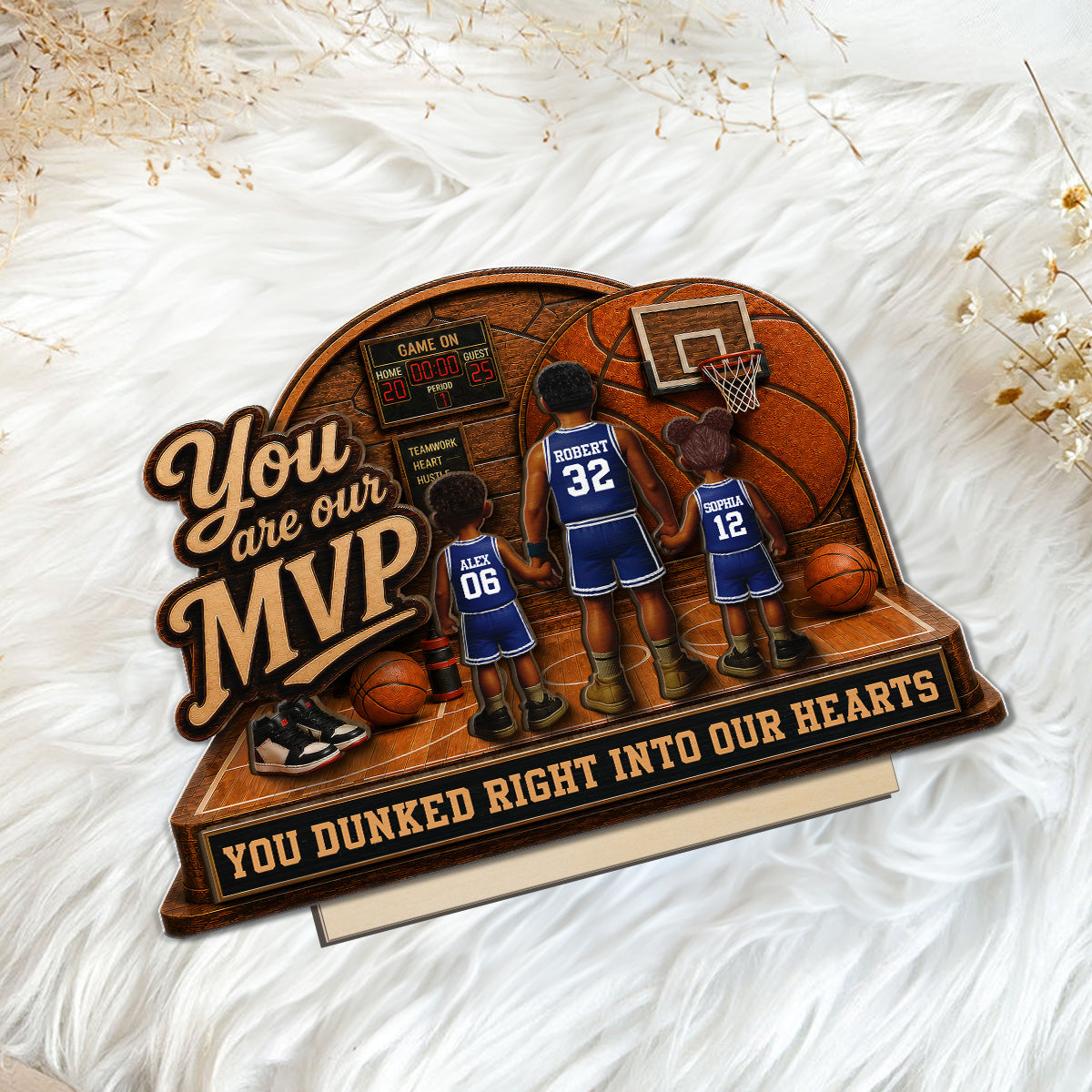 You Are Our MVP Standing Basketball Man & Kids 2D Flat - Personalized 2-Layered Wooden Plaque -  Gift For Basketball Dad