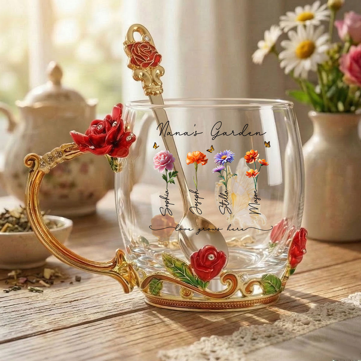 Beautiful Grandma Garden Custom Birth Month Flowers - Personalized Enamel Flower Tea Cup - Gift For Grandma, Mom