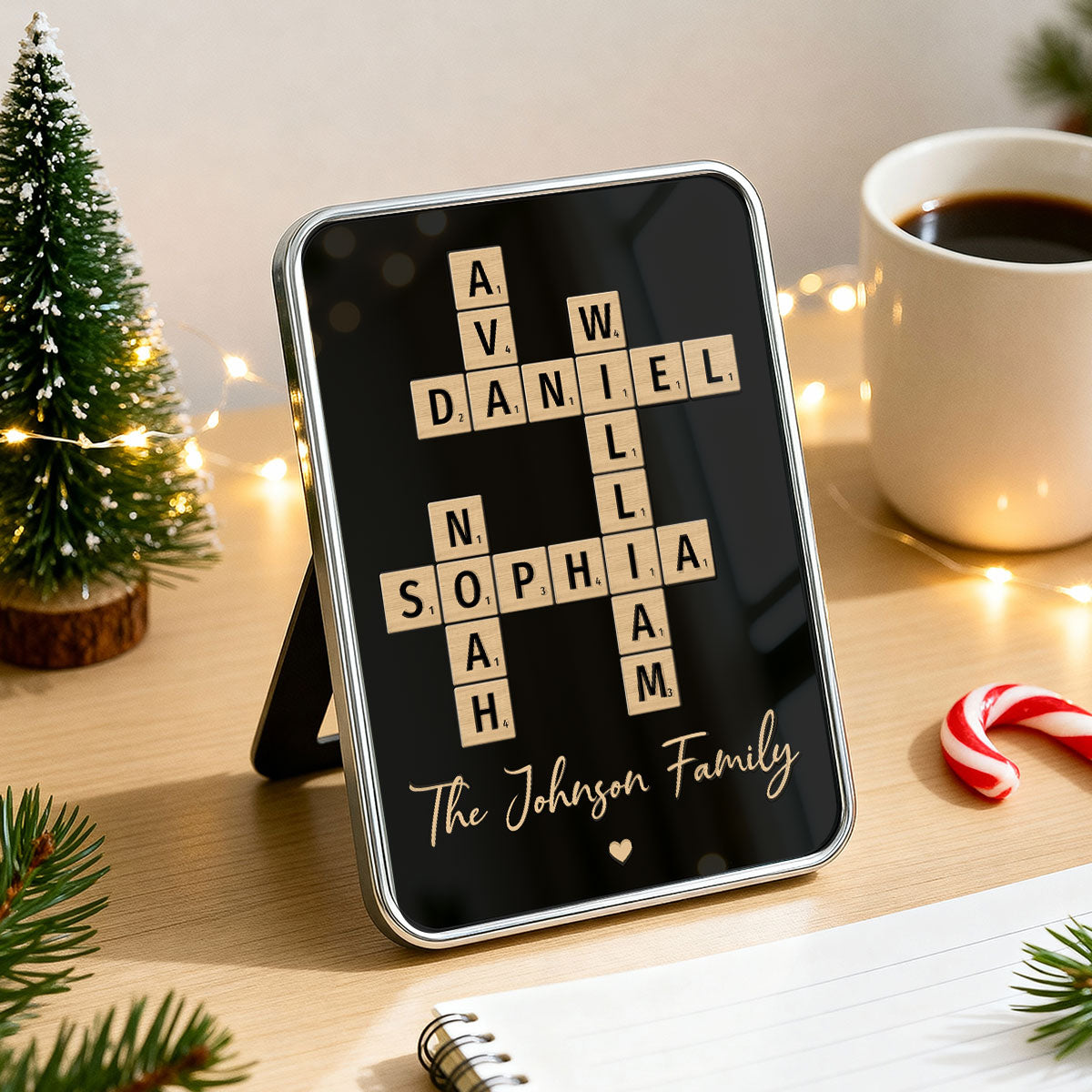Family Names Crossword Puzzle Art - Personalized Mirrored Picture Frame - Christmas Gift For Family