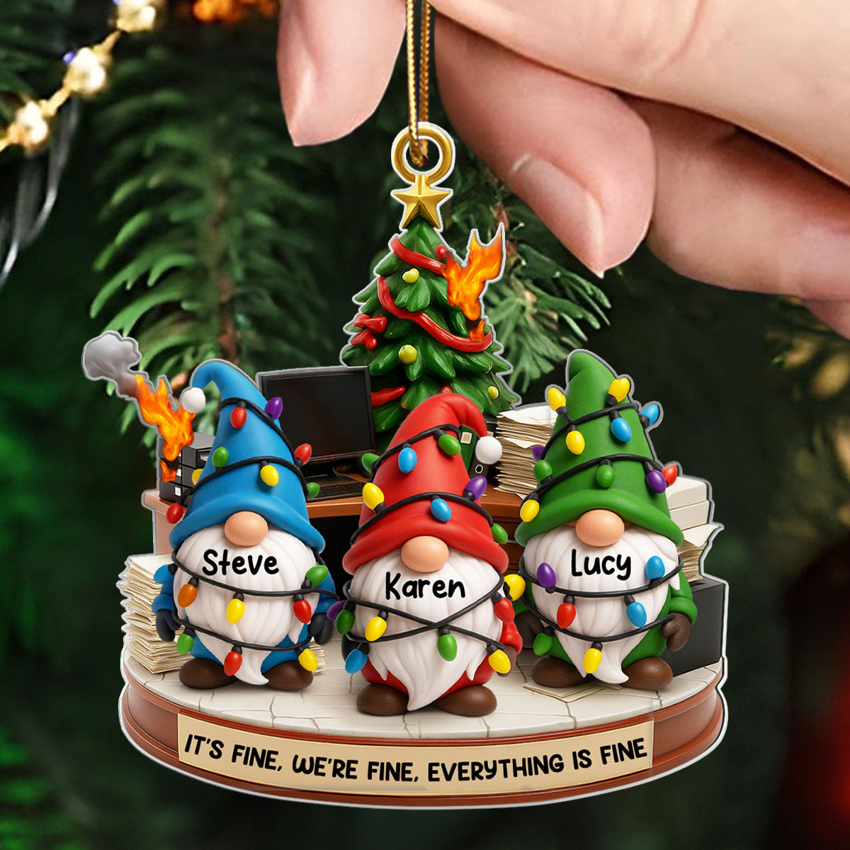 Office Chaos It's Fine We're Fine Gnome - Personalized Acrylic Ornament - Christmas Gift for Coworkers, White Elephant, Secret Santa Gift