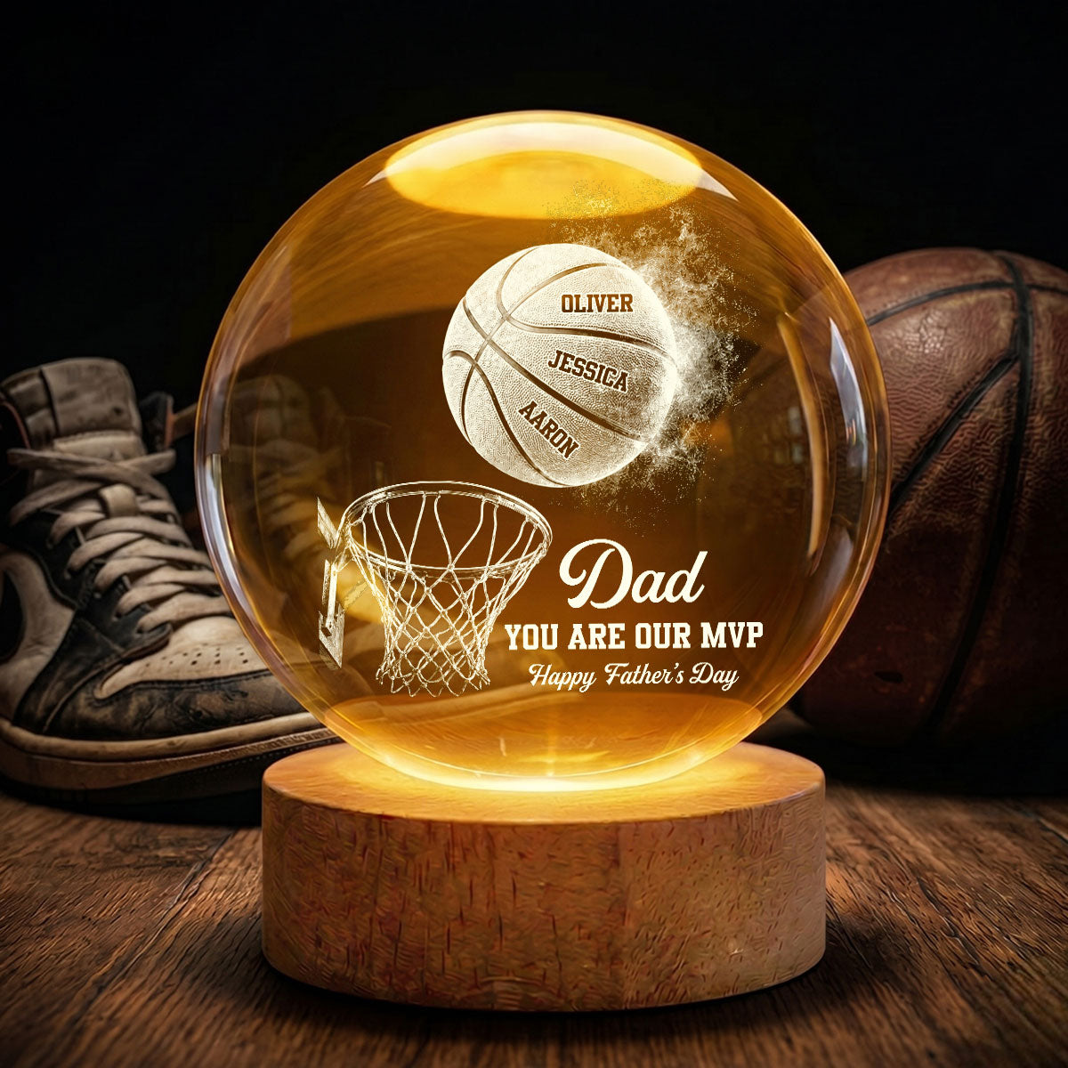 Basketball No 1 Dad Legend You Are Our MVP - Personalized Crystal Ball LED Night Light -  Gift For Dad, Husband, Basketball Fans