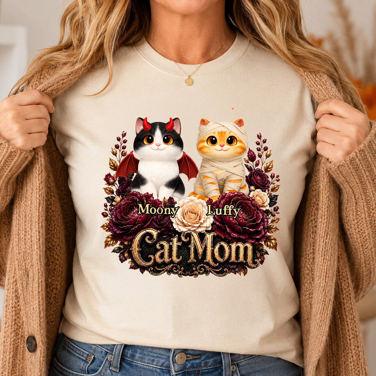 Cats Halloween Preppy Ghost Cherry - Personalized Shirt - Halloween Gift, Gift For Cat Lovers