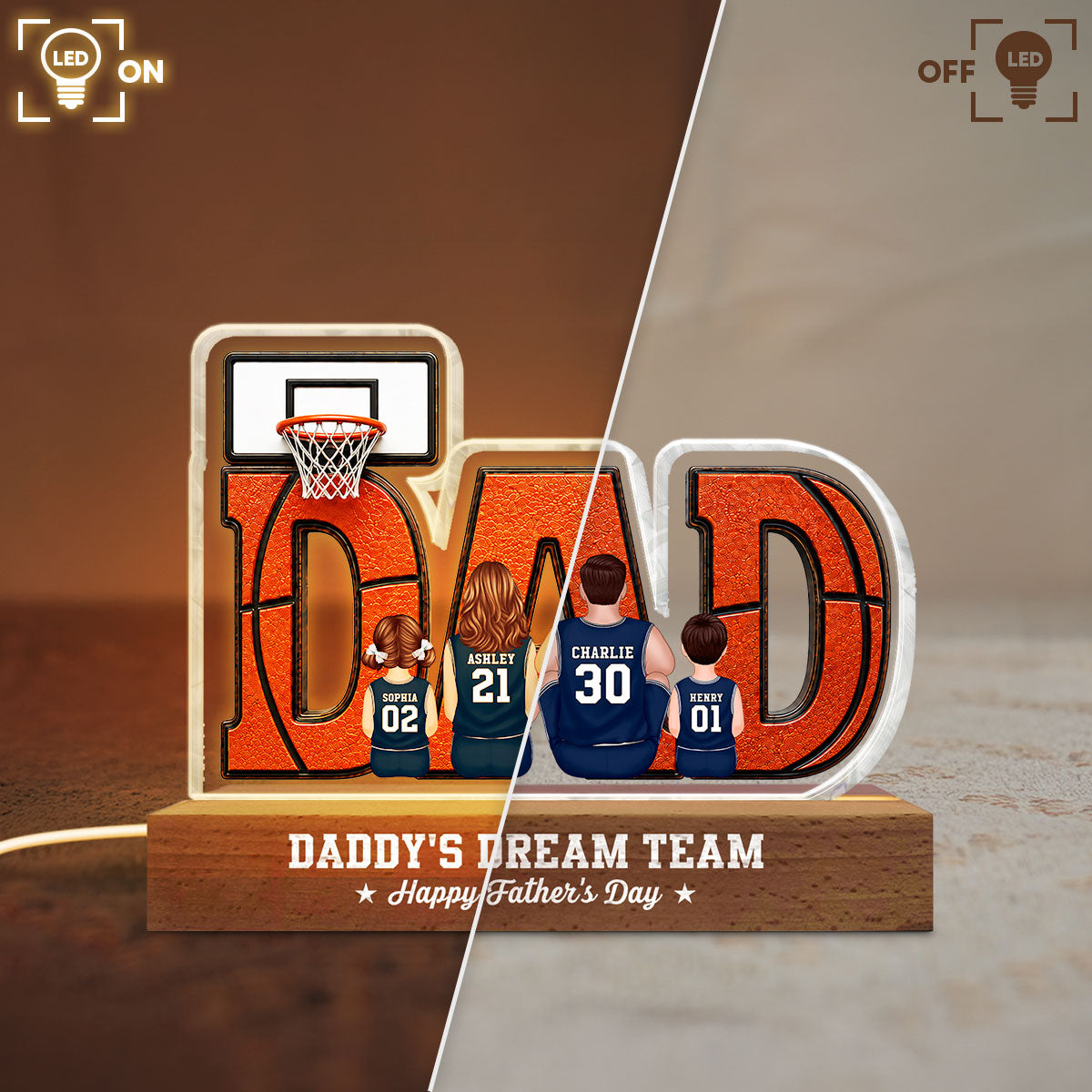 Basketball Dad Legend Daddy's Dream Team - Personalized Acrylic Block LED Night Light - Father's Day Gift For Dad, Husband, Basketball Fans