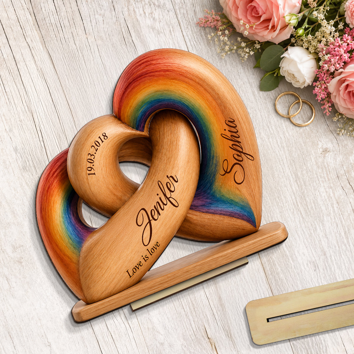 Interlocked Hearts Love is Love LGBT Couple - Personalized 2-Layered Wooden Plaque - Gift for Him, for Her