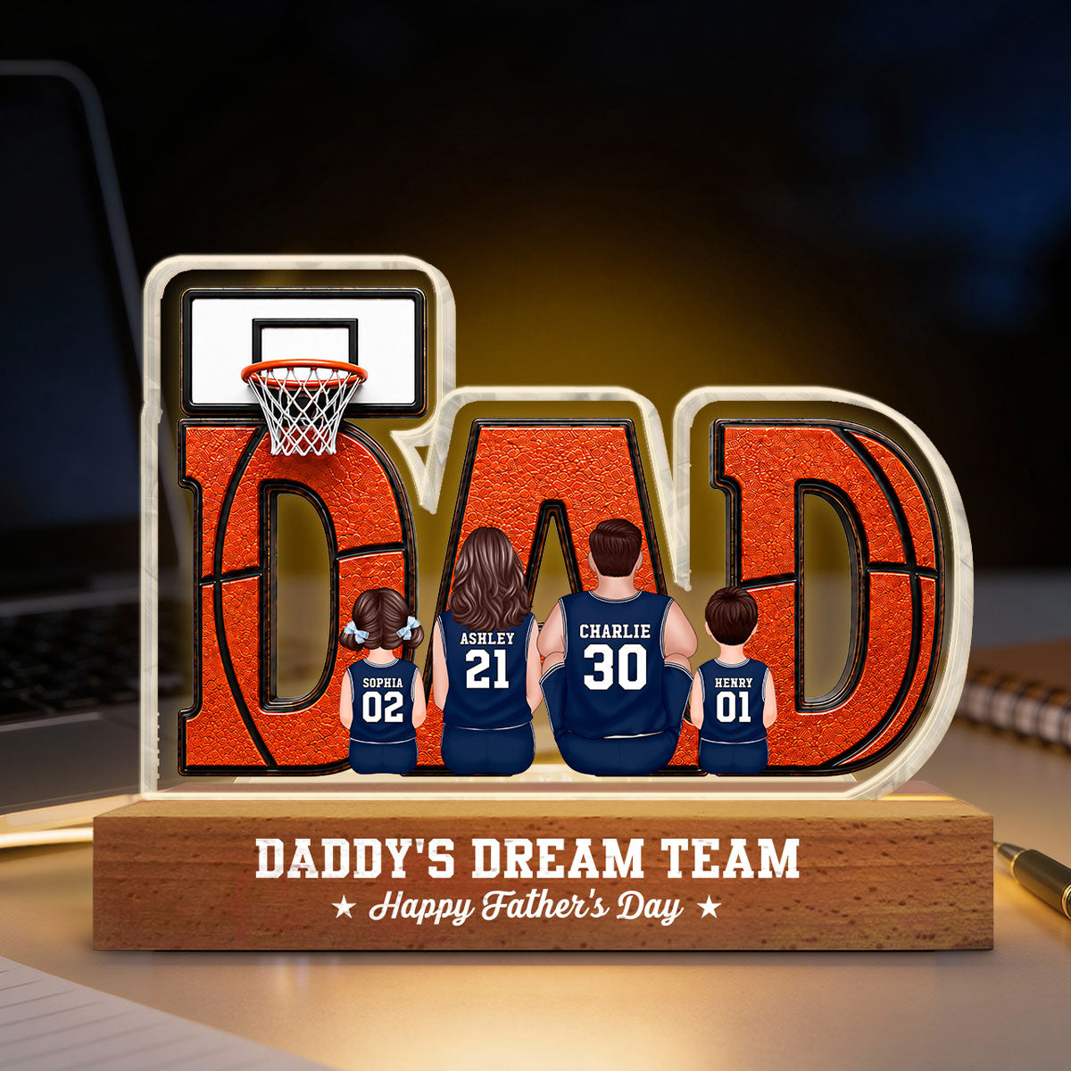Basketball Dad Legend Daddy's Dream Team - Personalized Acrylic Block LED Night Light - Father's Day Gift For Dad, Husband, Basketball Fans