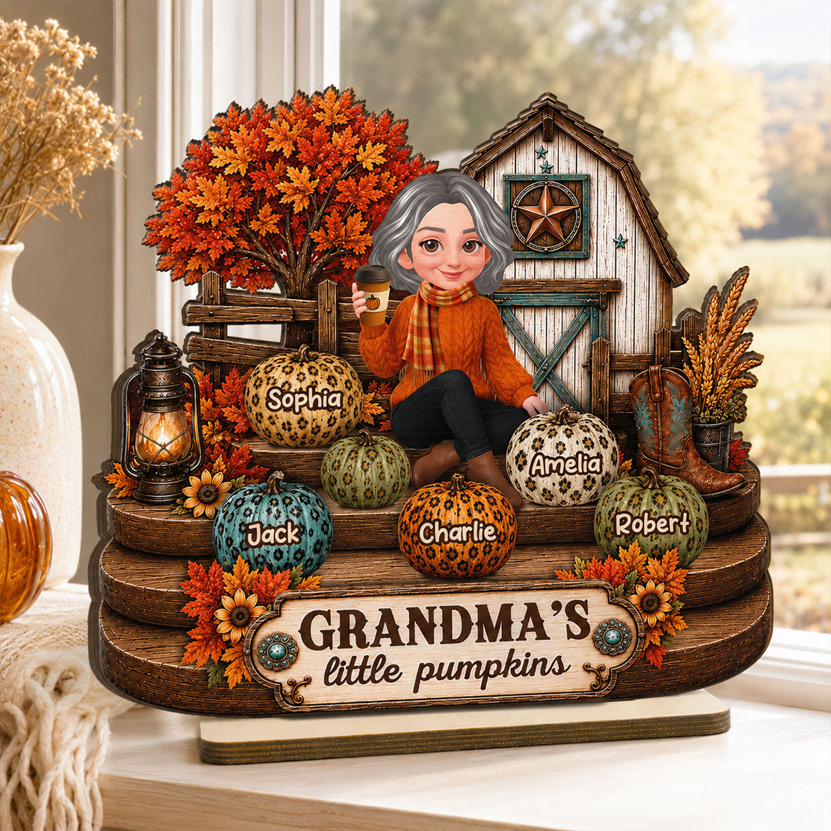Fall Season Western Cozy Warm Farmhouse Style Grandma Little Pumpkins - Personalized 2-Layered Wooden Plaque - Fall Decor For Grandparents