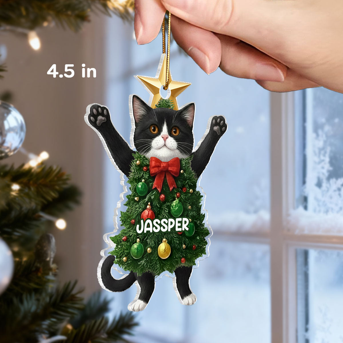 3D Effect Whimsical Christmas Cat - Personalized Acrylic Ornament - Gift For Cat Lover