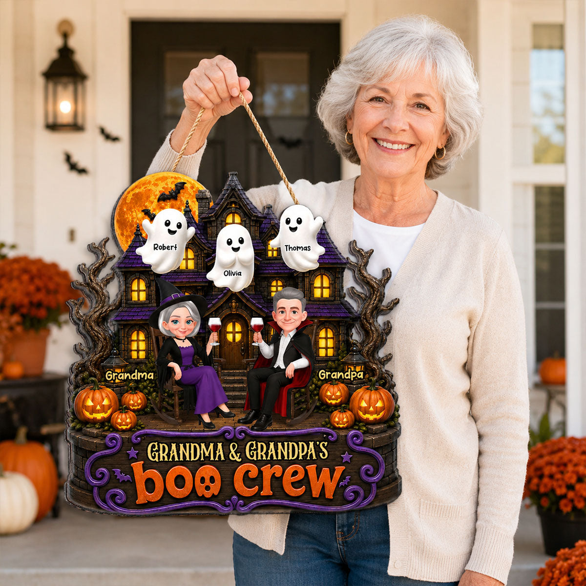 Halloween Haunted House Grandpa Grandma Boo Cew - Personalized Wood Sign - Halloween Decoration For Grandparents