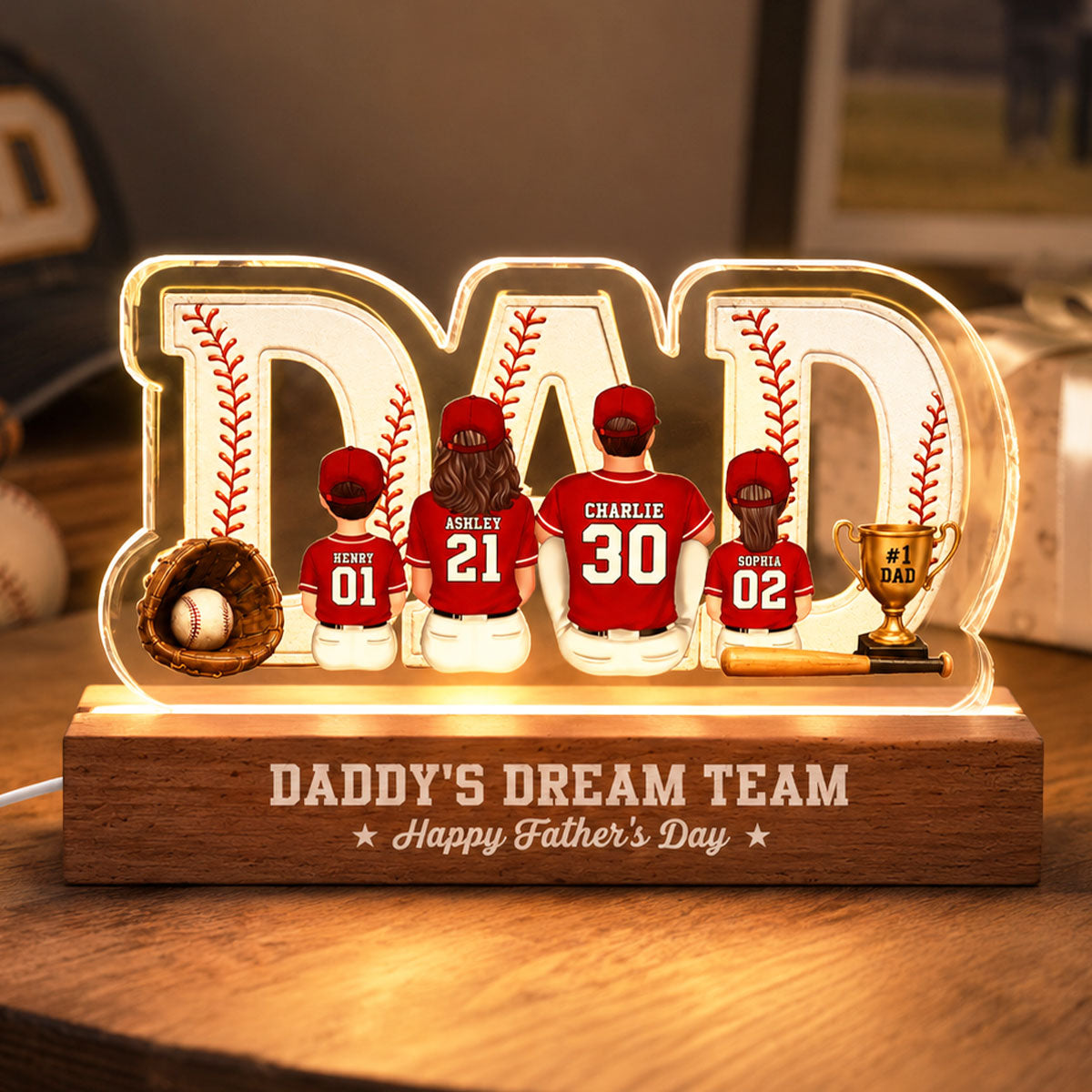 Baseball Family Daddy's Dream Team - Personalized Acrylic Block Plaque LED Night Light - Father's Day Gift For Dad, Husband
