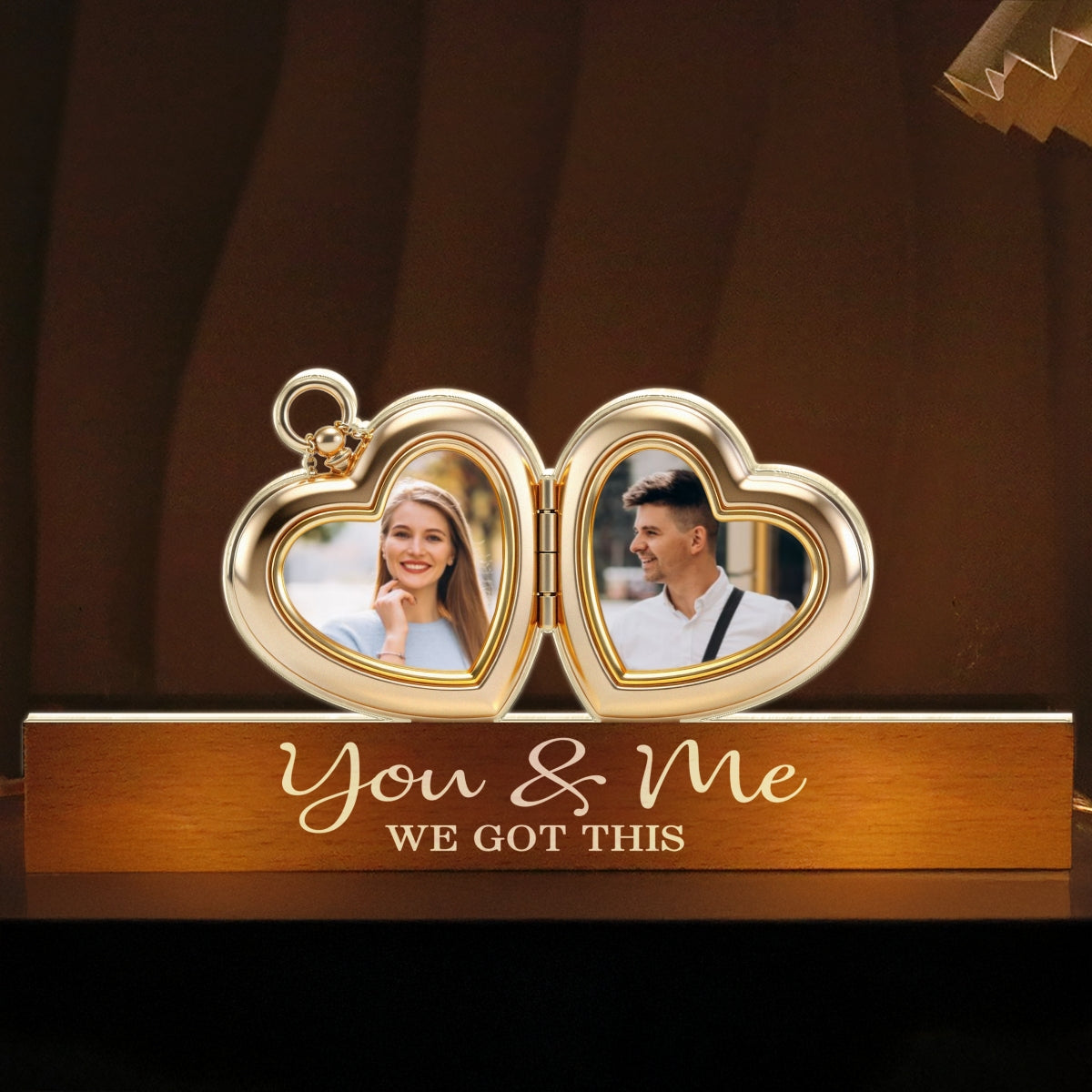 Hearts Locket Couple Photo - Personalized Acrylic Block Plaque LED Night Light - Valentine's Day Gift For Couple