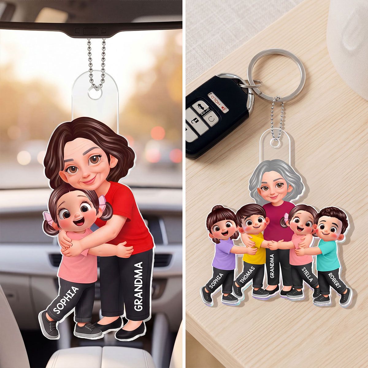 Grandma Grandkids Hugging - Personalized Acrylic Car Hanger - Mother's Day Gift For Grandma, Mom